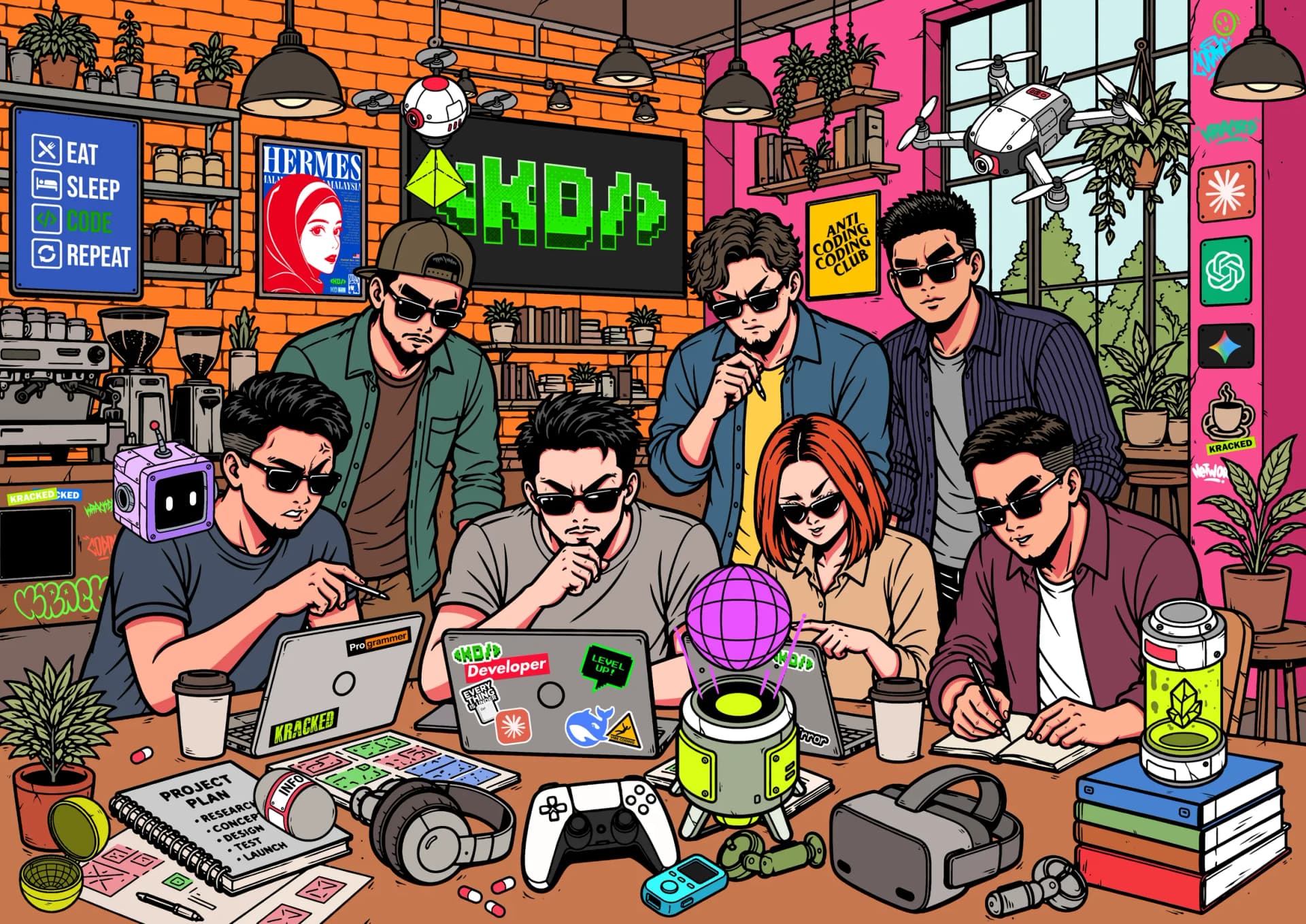 Illustration of the KrackedDevs crew working together around a table of laptops and gadgets